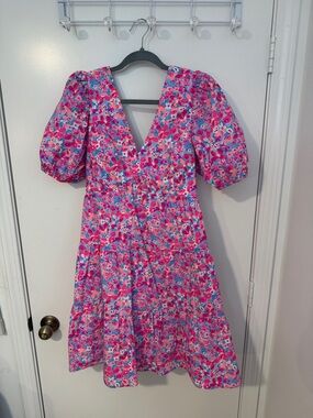 Lilly Pulitzer Pink Blue Floral Puff-Sleeve V-Neck Dress